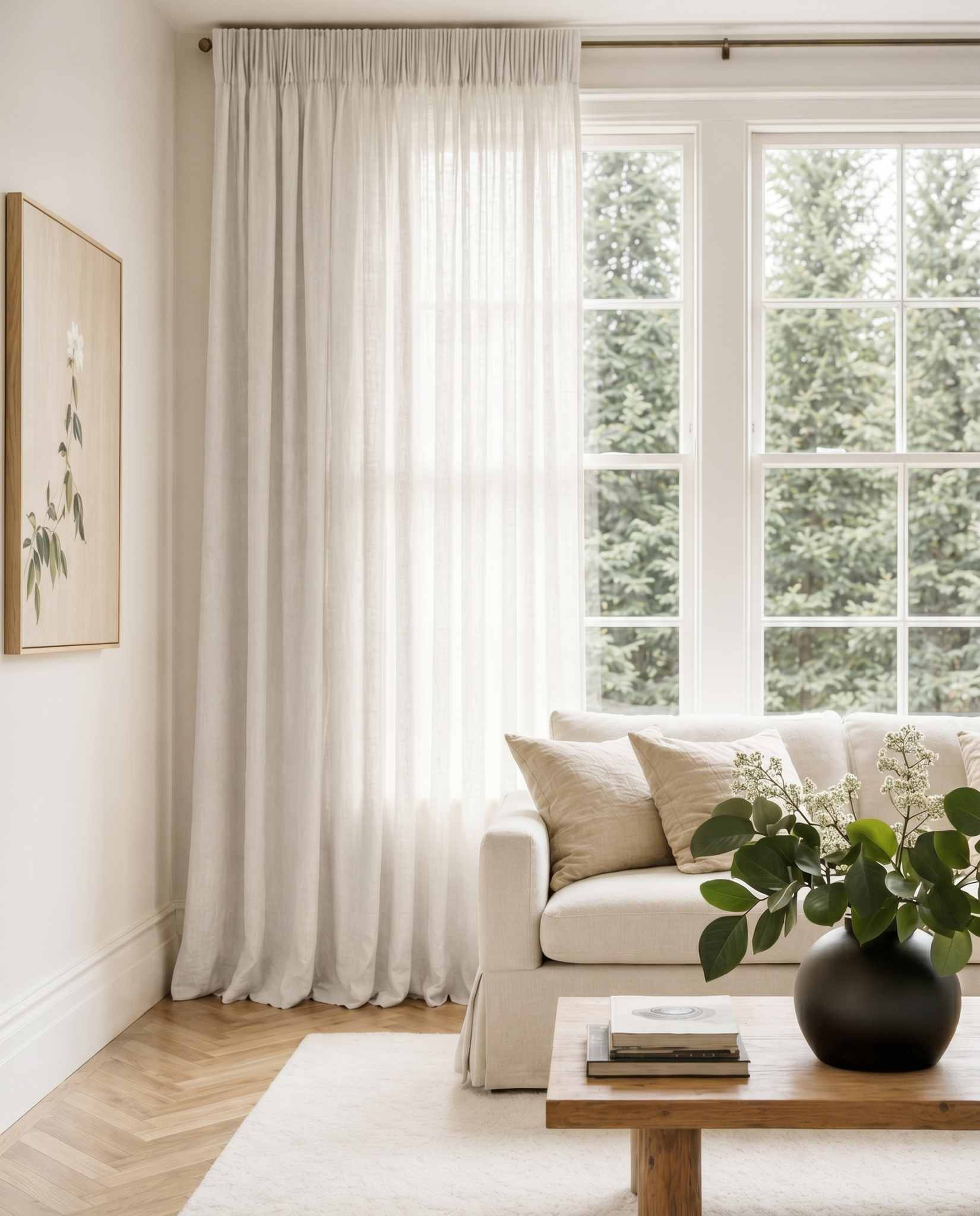Pure White Pleated linen curtains - 100% pre-washed linen