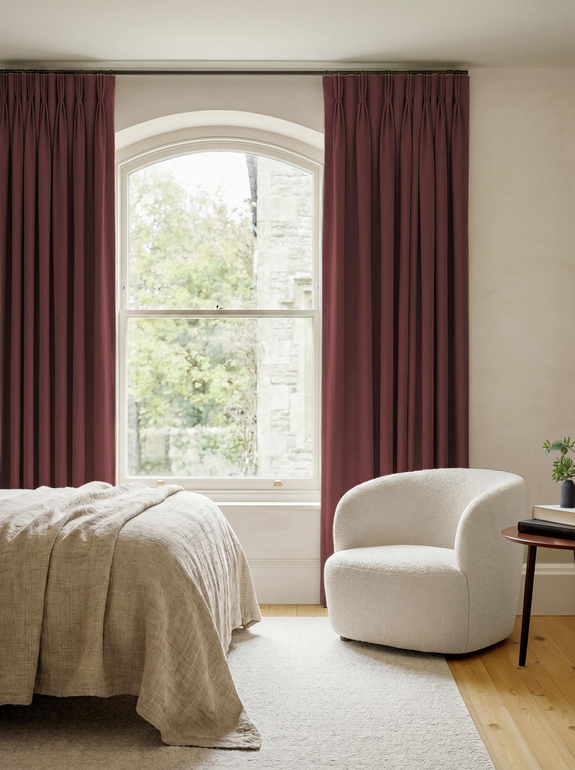Red 100% Linen Triple Pleat curtains. Bea Saffron by Ada & Ina