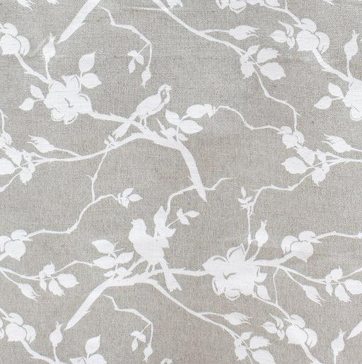 Rosebird White - Curtain fabric with white pattern of birds sitting on a tree