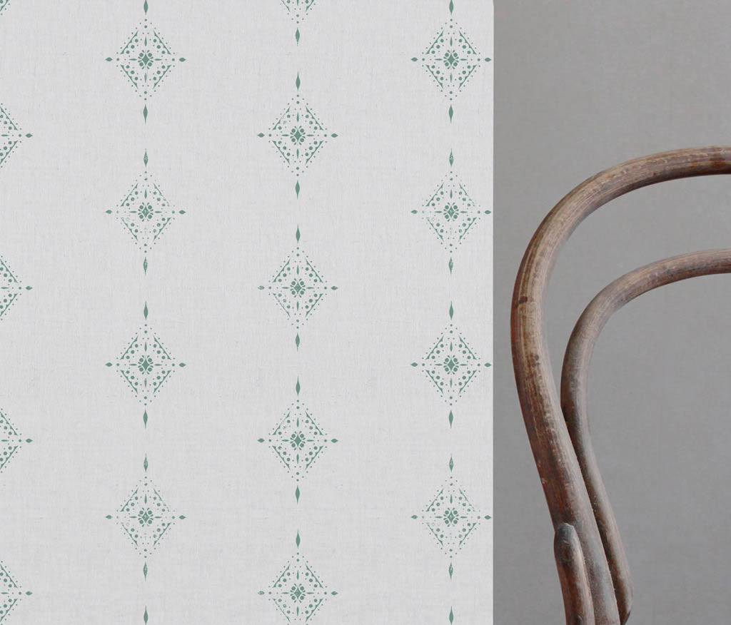 Kaisley Sage-WHT - White curtain fabric with Green Abstract print