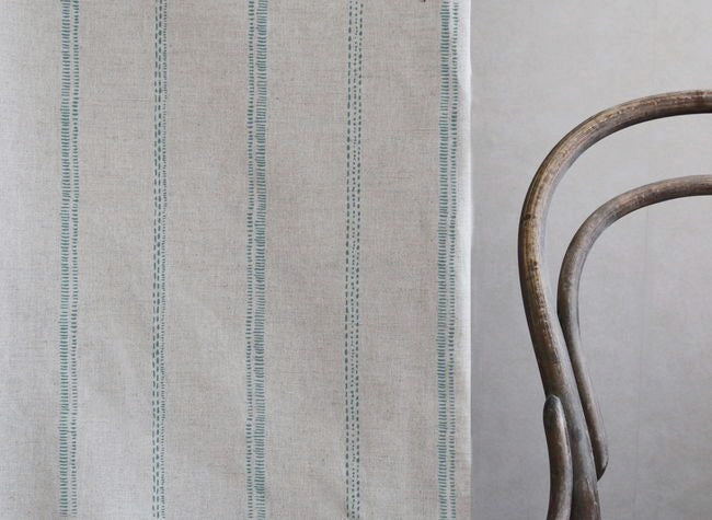 Rae Sage - Curtain fabric with green hand drawn stripes