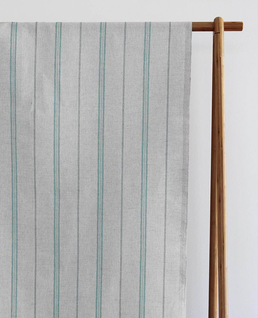 Elise Sage - Linen Cotton mix curtain fabric, Grey & Green stripes