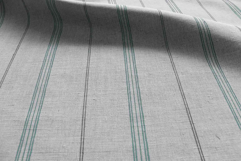 Elise Sage - Linen Cotton mix curtain fabric, Grey & Green stripes
