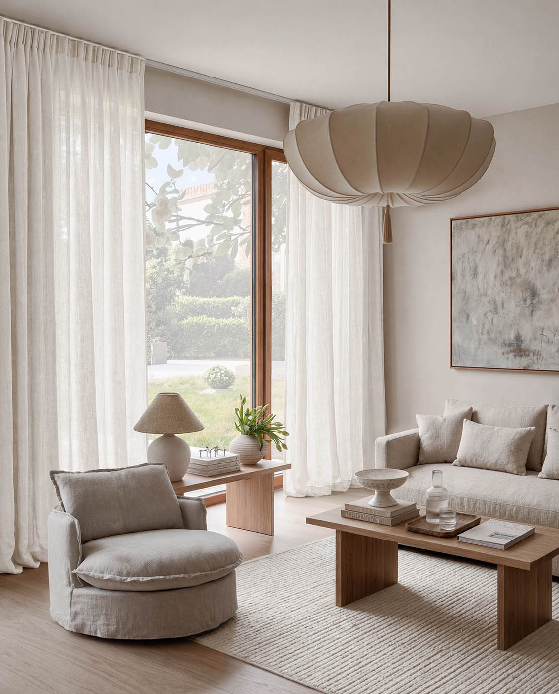 Sheer White Curtains in linen fabric. Linen Sheer Voiles in White Living Room Setting