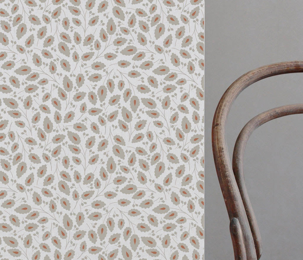 Goldie Terracotta-WHT  - White curtain fabric with Orange botanical print
