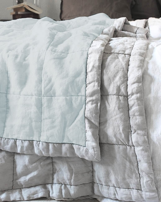 Trine Aqua-Natural Quilted Linen Bed Throw