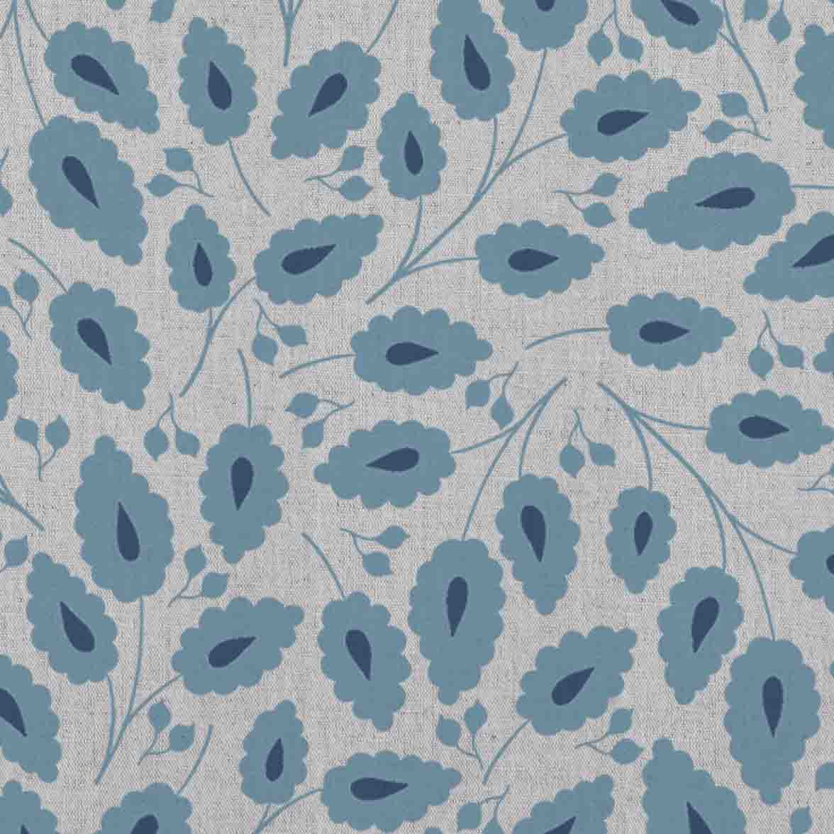 Goldie True Blue - Natural curtain fabric with Light Blue botanical print