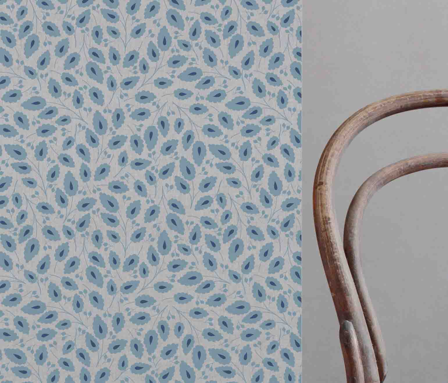 Goldie True Blue - Natural curtain fabric with Light Blue botanical print