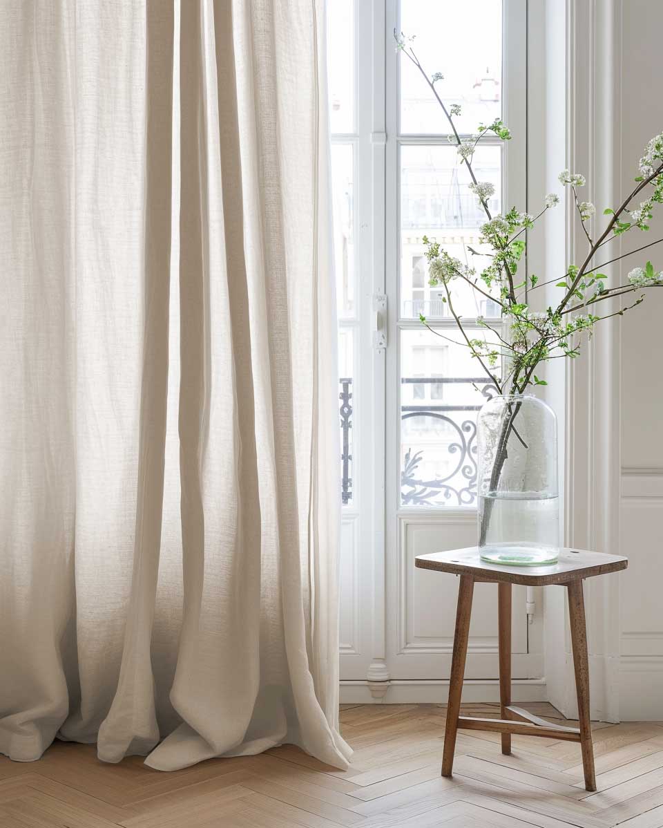 Linen curtain made of Vilma Oatmeal fabric, detail view