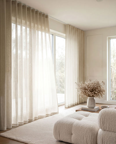 Made to Measure Sheer Linen Curtains in Gabriella Oatmeal - Living Room 