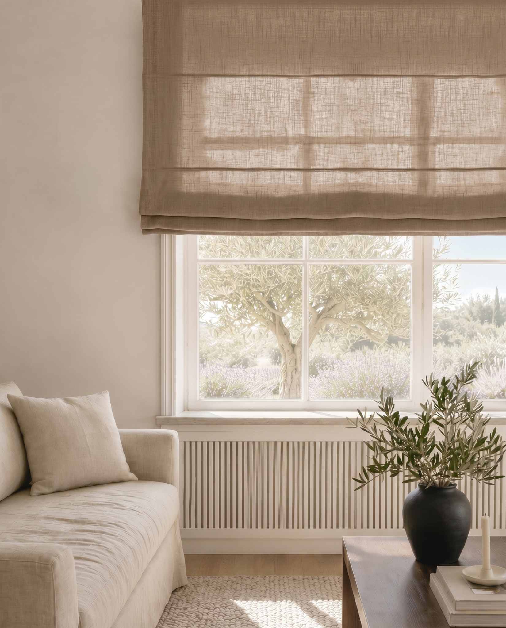 Warm Neutral Linen Roman blind. Mariana Sand by Ada & Ina