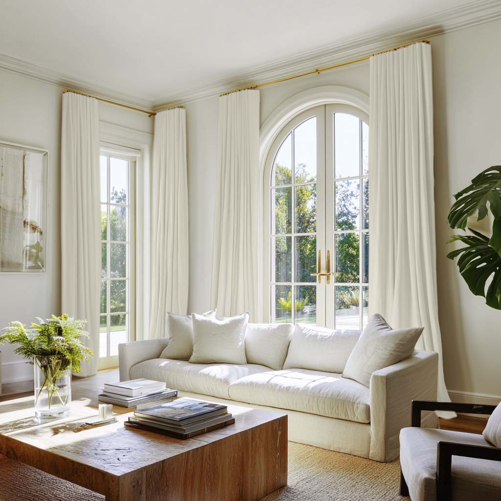 Interior decorated with white cotton curtains in Amara White fabric, Lifestyle shot