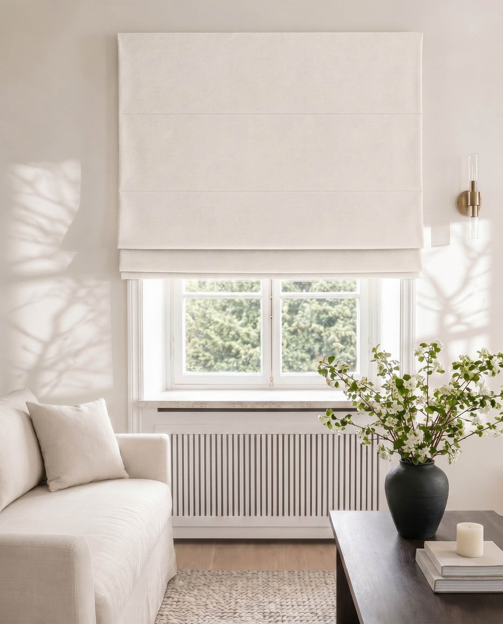 White Blackout Lined Roman Blind Living Room in Cotton Fabric