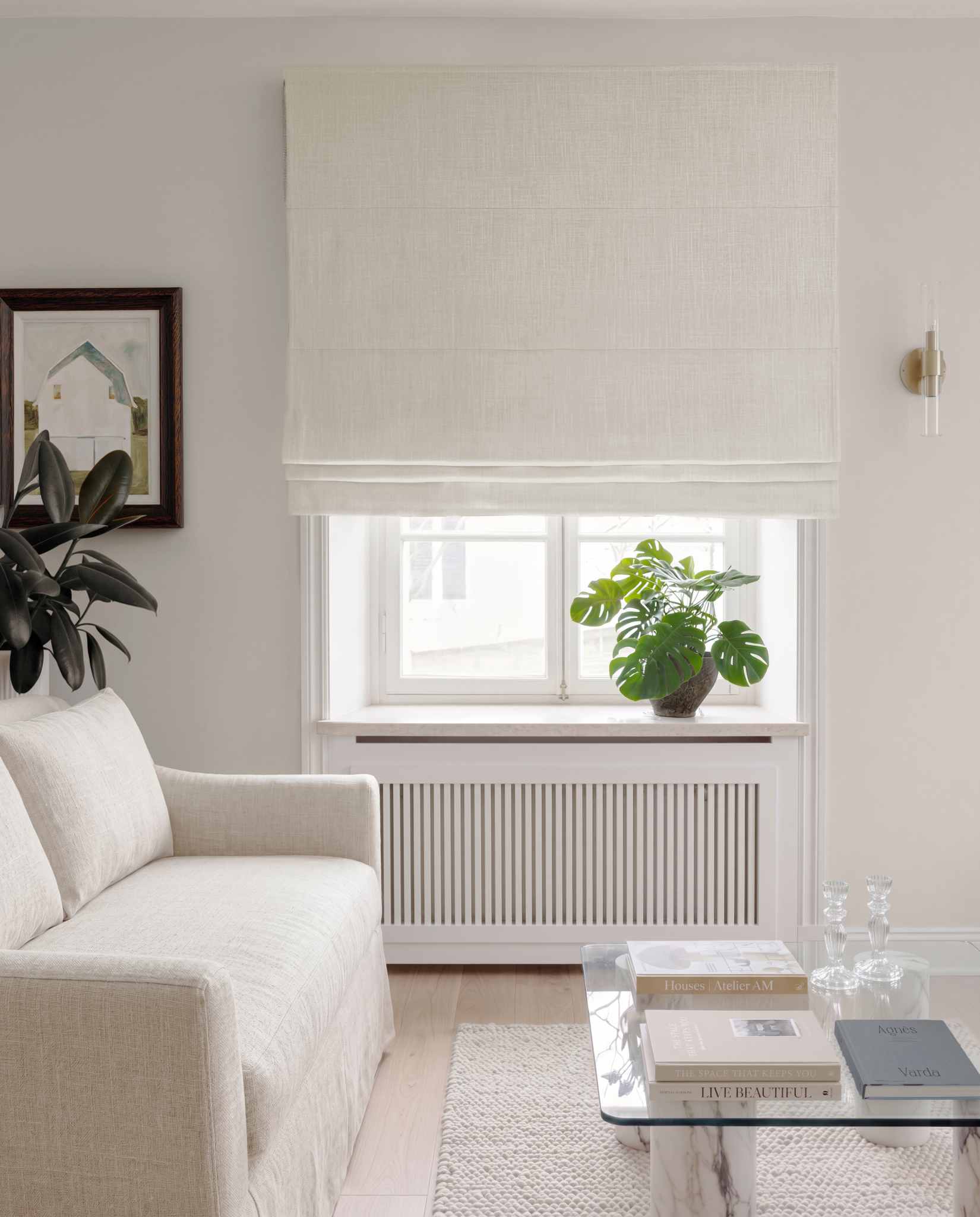 White Linen Roman blind blackout lined - pre-washed 100% linen. Bianco White by Ada & Ina.