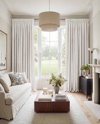 White Made to measure linen curtains for Living room and Bedroom. Blackout lined. Greta White.