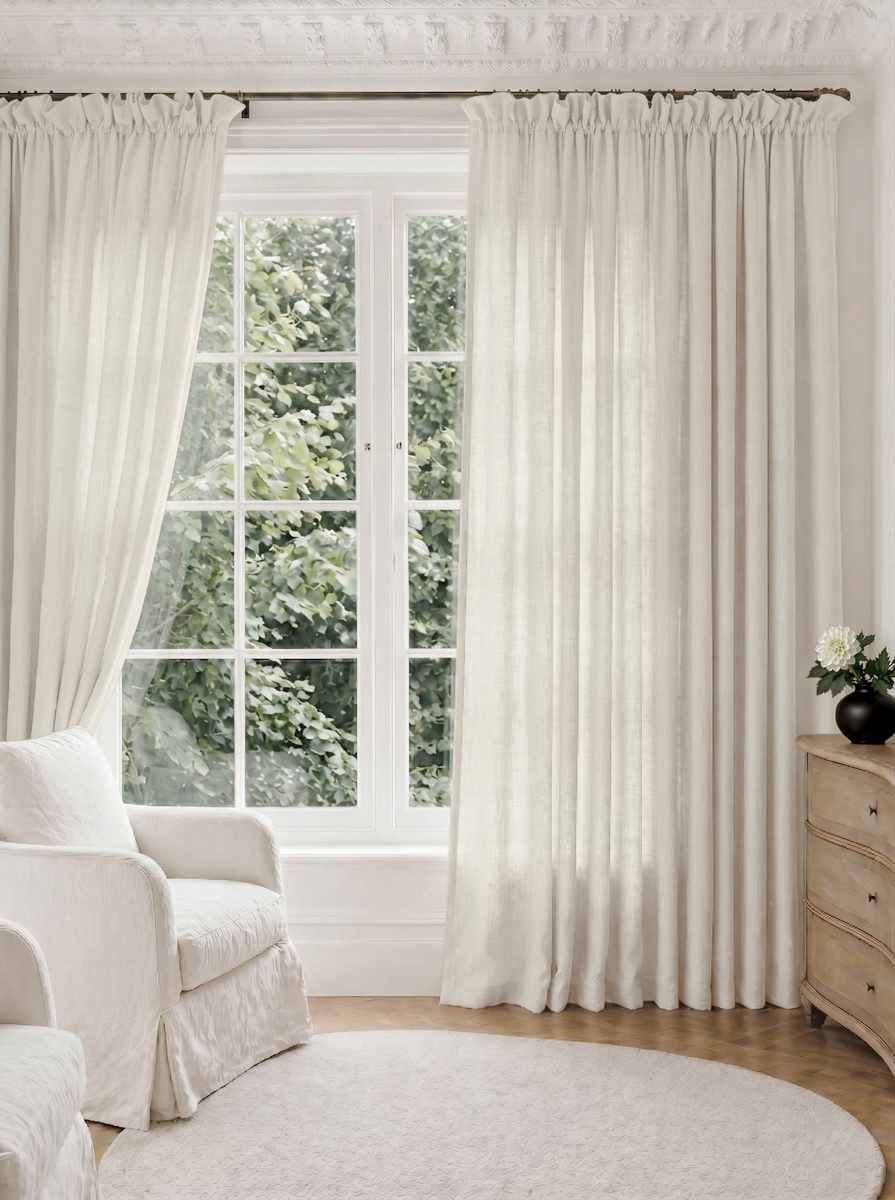 White Pleated Linen curtains for Living room. Made of pre-washed linen Bianco Pure White by Ada & Ina.
