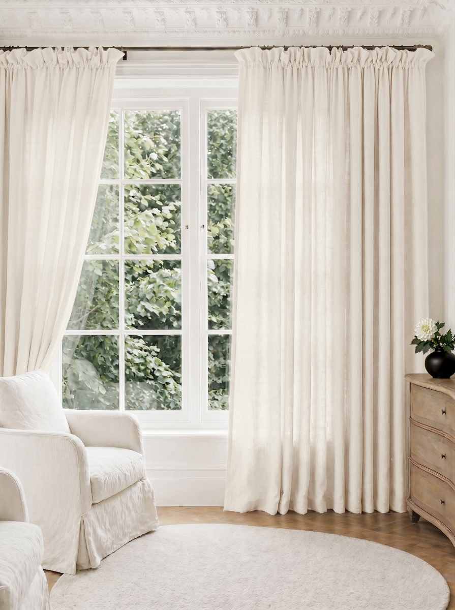 White Pleated Linen curtains for Living room. Made of pre-washed linen Bianco White by Ada & Ina.