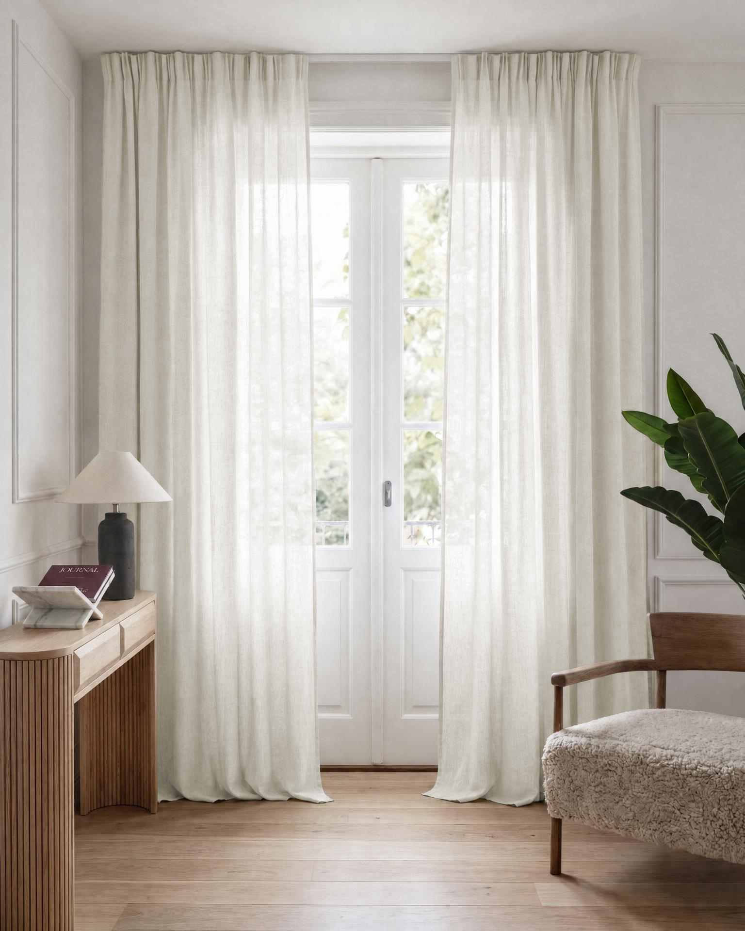 Pure white Pleated bespoke linen curtains. Made of pre-washed 100% Linen fabric -  Lupe Brilliant White