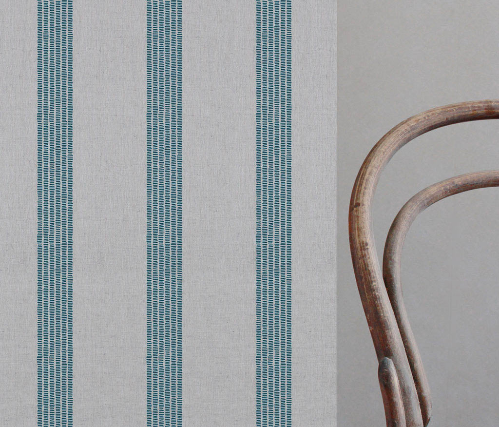 Sumi Blue Stone - Natural curtain fabric with Blue Striped print