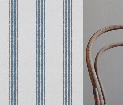Sumi Ink-WHT - White curtain fabric with Blue Striped print