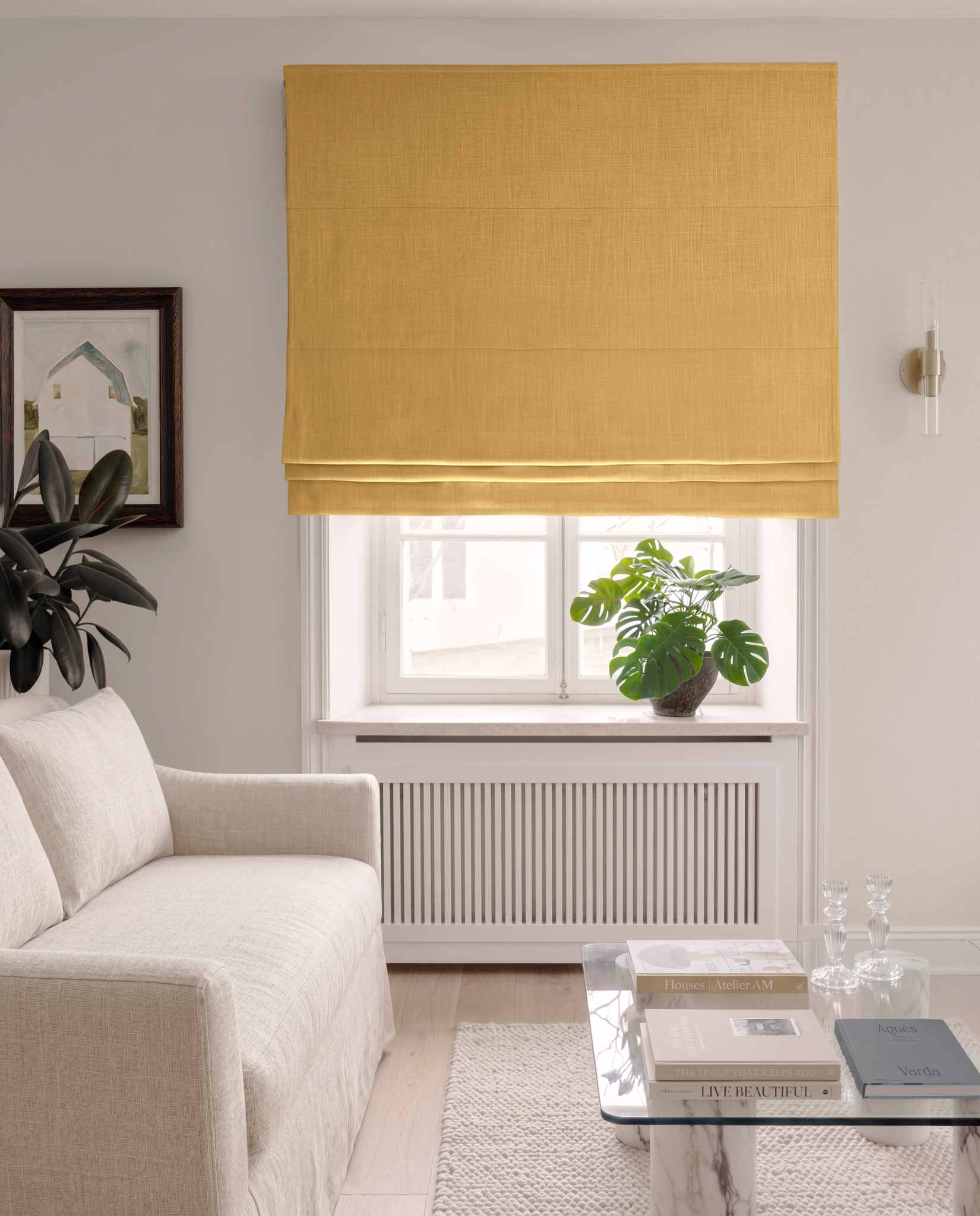 Yellow Linen Roman blind blackout lined - pre-washed 100% linen. Bianco Mustard by Ada & Ina.