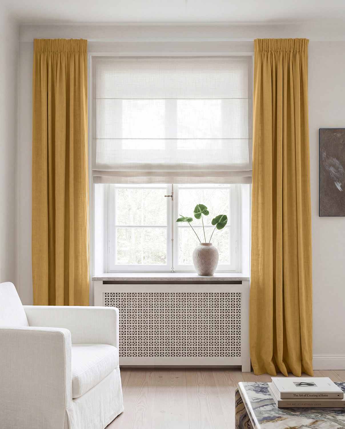 Yellow Linen curtains blackout lined - pre-washed linen. Bianco Mustard by Ada & Ina.