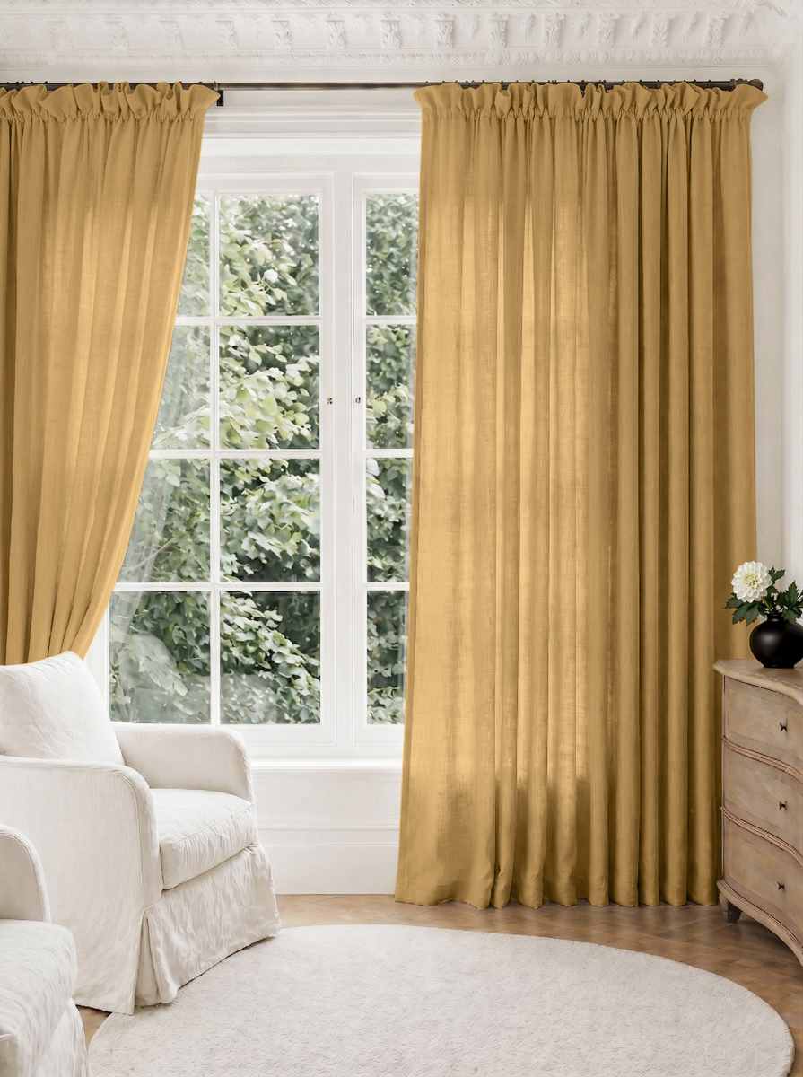 Yellow Pleated Linen curtains for Living room. Made of pre-washed linen Bianco Mustard by Ada & Ina.