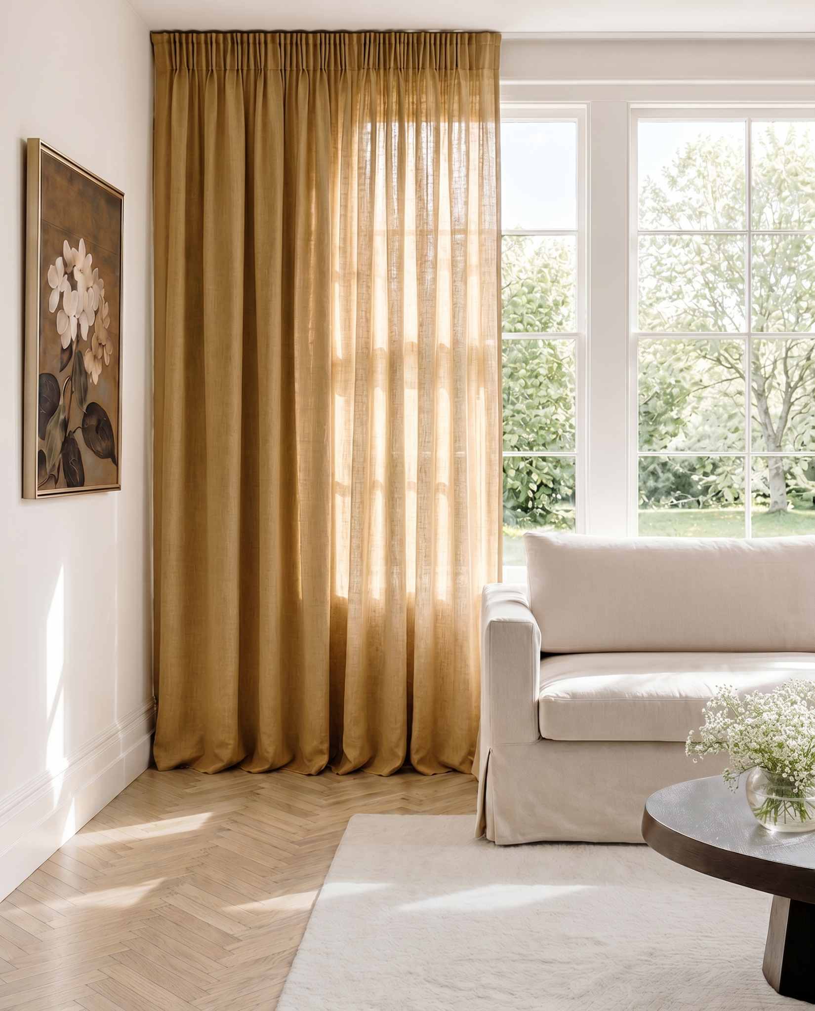 Yellow Pencil pleat curtains - 100% Linen. Linara Mustard by Ada & Ina